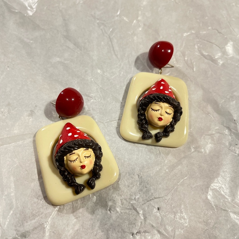 Whimsical Red and Cream Face Earrings